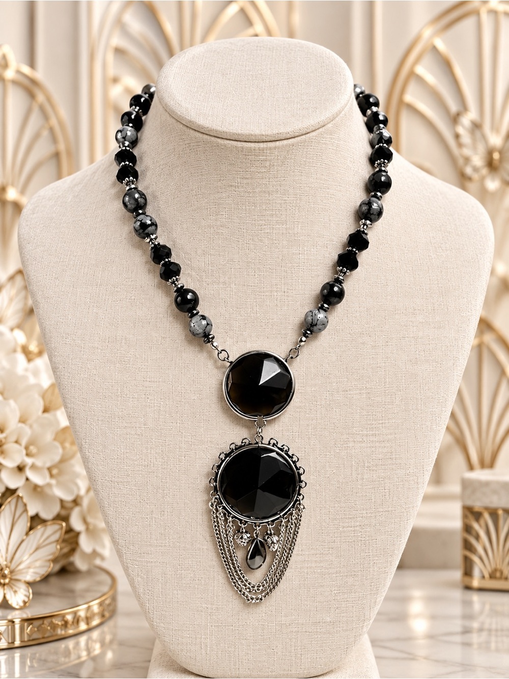 🆕❤️Elegant Snowflake Obsidian  Black Pendant Statement Necklace - Women Jewelry